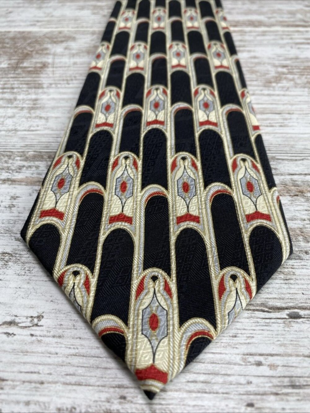 Contissima X-Long Silk Tie Art Deco Geometric Black Gold Red 64” Handmade - Picture 2 of 5
